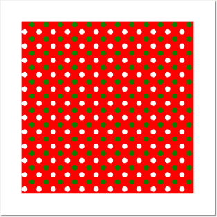 Christmas - Green and White Polka Dots Pattern on Red Background Posters and Art